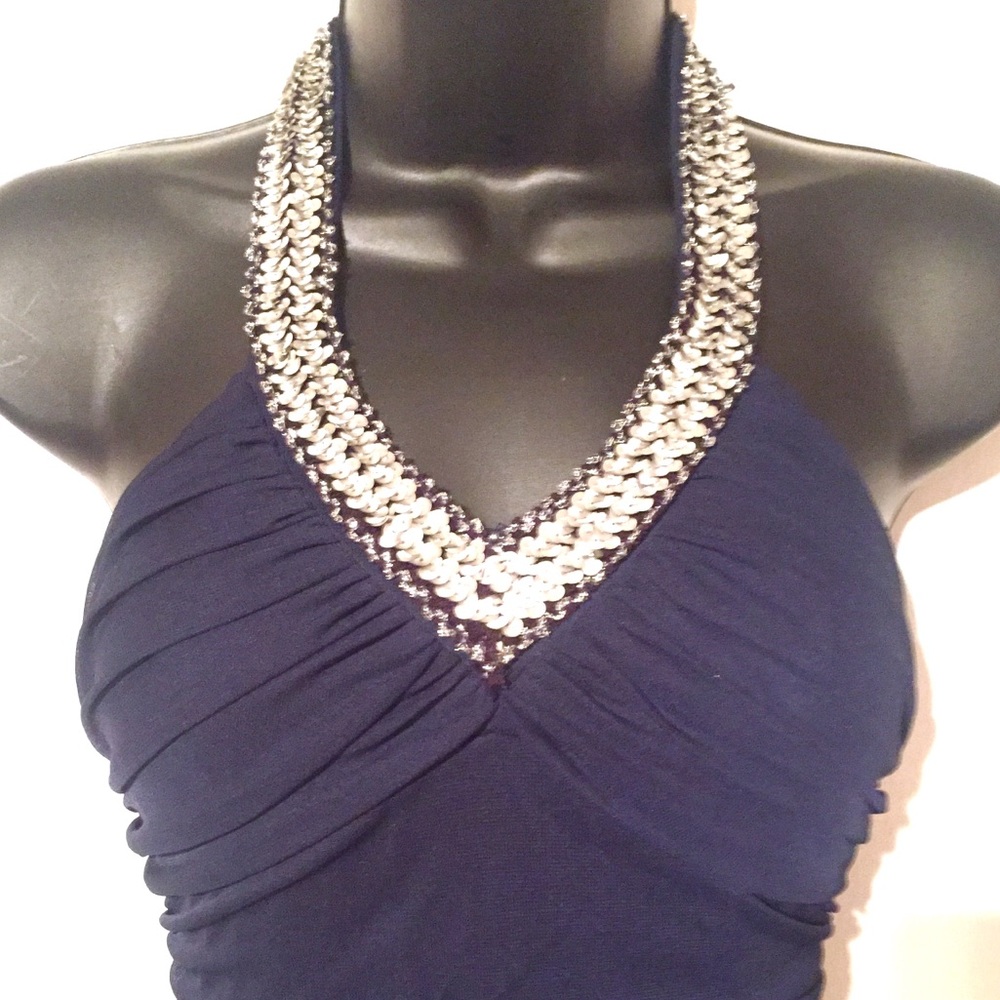 👗Navy Halter Dress With Embellished Neckline👗